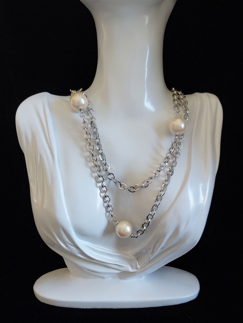 Vintage Monet Silver- Tone Chain Faux Pearl Station Necklace 35"